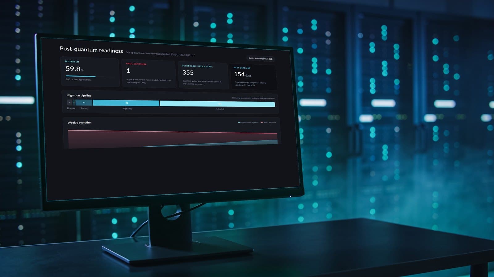 DuoKey post-quantum readiness view inside ServiceNow on a monitor: share of applications migrated, HNDL exposure, vulnerable keys and certificates, migration pipeline
