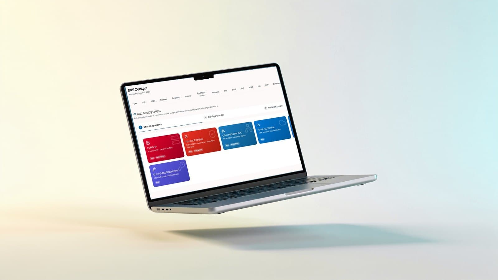 DuoKey-Cockpit-Ansicht zum Hinzufügen eines Deployment-Ziels auf einem Laptop mit F5 BIG-IP, Fortinet FortiGate, Citrix NetScaler, Azure App Service und Entra ID